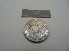 A silver German 1902 5 Mark Coin, 27.6g, EF, Wilhelm II with Eagle to reverse.