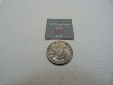 A French 1911 Silver 50 Centimes coin Liberty Walking/Oak Branch (AVF)