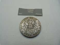 A silver 1904 Prussian 5 Mark coin, AEF, 27.8g, Wilhelm II with eagle to reverse.