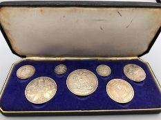 An 1887 Victoria Jubilee Silver coin set. AEF Crown Double Florin, Half Crown, Farthing, Shilling,