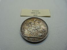 An 1893 Great Britain silver Crown (LVI) with Victoria and George and the Dragon to reverse.VF