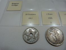 A selection of nine coins from the Belgium Congo from 1888 onwards.