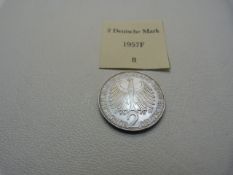 A 1957 German Two Mark UNC coin. Max Planc and Eagle to the reverse