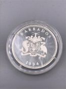 A 1994 Barbados One Dollar silver proof coin