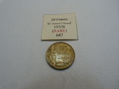 A French 1950 20 Francs Coin (EF) G. Guiraud, 3 Plumes rare.