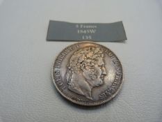 A French 1845 Silver 5 Francs Luis Philippe I coin (AEF)