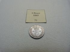 A Great Britain 1843 3 pence coin, silver, AEF Victoria with Crowned 3 in wreaths to reverse.