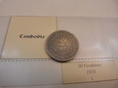 A selection of Cambodian Coins from 1954 onwards to include 50 Centimes, Mint Set, 500 Riels, 200