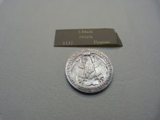 A Prussian silver 1910, 3 Mark coin. AUNC 16.7g Wilhelm II and Wilhelm III with Eagle to reverse