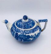 Blue oval Copeland Spode's Italian England flat round tea pot 6.5"