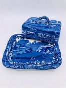 Blue oval Copeland Spode's Italian England butter dish 6.5" long Blue number (19) Indent number (8)