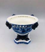 Blue oval Copeland Spode's Italian England round pot on stand with lions feet and 4 lions heads