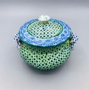 Dimmock - Dimity pattern 1840's 4" blue and green Toy terrine with lid