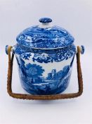 Blue oval Copeland Spode's Italian England biscuit barrel with lid and wicker handle Blue number (