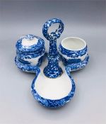 Blue oval Copeland Spode's Italian England salt, pepper and mustard stand with mustard pot and lid