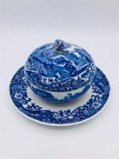 Blue oval Copeland Spode's Italian England circular preserve dish with lid and plate 6" diameter
