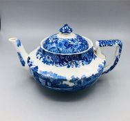 Blue oval Copeland Spode's Italian England tea pot flat round with lid 7" by 4" high Blue number (