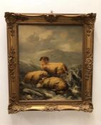 An Oil on canvas depicting sheep entitled Winter by J W Morris dated 1881