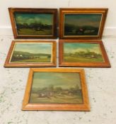 A selection of five painted racing scenes on board, possibly door panels.