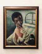 Oil on Canvas of an African child, with indistinct signature bottom right.