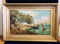 A framed oil on canvas of a Village Harbour (109cm x 74cm)