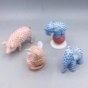 A selection of four Herend handpainted porcelain animals to include an Elephant, and Elephant on a