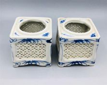 Two small 19th Century Chinese brush pots in blue and white with pierced decoration.