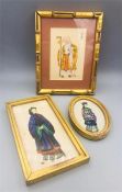 A selection of three Chinese silks, framed.