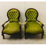 A Pair of Victorian Button Chairs in green