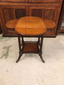 Small Drop leaf side table with four leaves, readed legs, lower shelf with fret work threading.