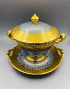 A powder blue and gold Limoges urn with lid on saucer by G. Dumas Fils.