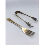 Hallmarked silver fork and sugar tongs
