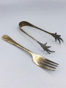 Hallmarked silver fork and sugar tongs