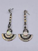 A Pair of silver marcasite and opal panelled Art Deco style drop earrings