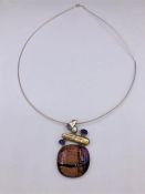 A Silver Hard Stone Pendant Necklace with Amethyst and Pearls