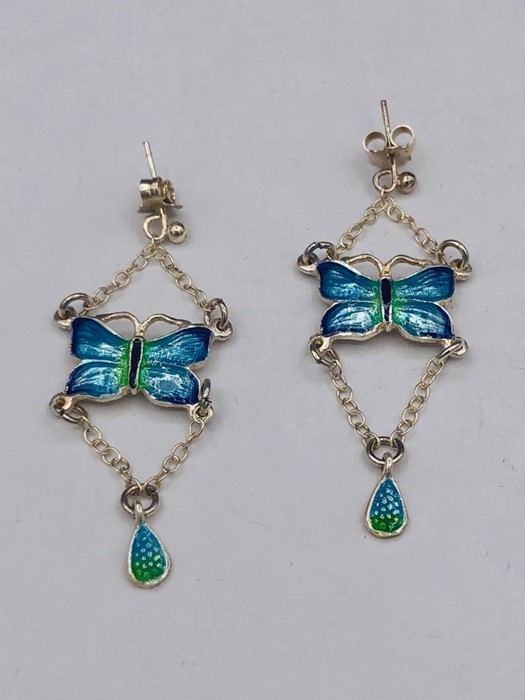 A Pair of silver and enamel set butterfly earrings