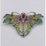 A Silver Plique A Jour Butterfly brooch with ruby panel