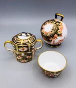 Three Miniature Royal Crown Derby Ornaments, Bowls, Two Handled Pot With Lid, Sugar chute AF