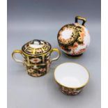 Three Miniature Royal Crown Derby Ornaments, Bowls, Two Handled Pot With Lid, Sugar chute AF