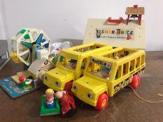 A Fisher Price 1970's school house with assorted items and a Fairground ride and school buses.
