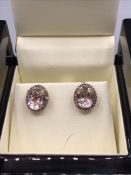 A Morganite and Diamond Earrings Two carat, oval cut Morganites (4 Carat Total) Set with a border of