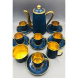 A china coffee set, in blue and gold with Maple London stamp, six piece setting.