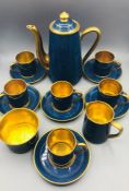 A china coffee set, in blue and gold with Maple London stamp, six piece setting.
