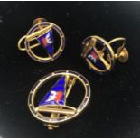 A 9ct Yellow gold and enamel earring and brooch set