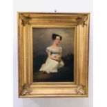 An 19th Century oil painting of a young lady in a white dress in a square gilt frame (AF)