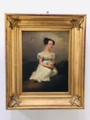 An 19th Century oil painting of a young lady in a white dress in a square gilt frame (AF)