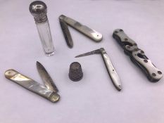 Selection Of Silver Fruit Knifes And Penknife With Mother Of Pearl Handle Along With Silver