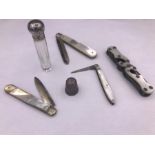 Selection Of Silver Fruit Knifes And Penknife With Mother Of Pearl Handle Along With Silver