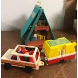 1970's Fisher Price A Frame House and camping trailer and assorted items.