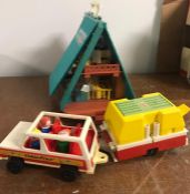 1970's Fisher Price A Frame House and camping trailer and assorted items.